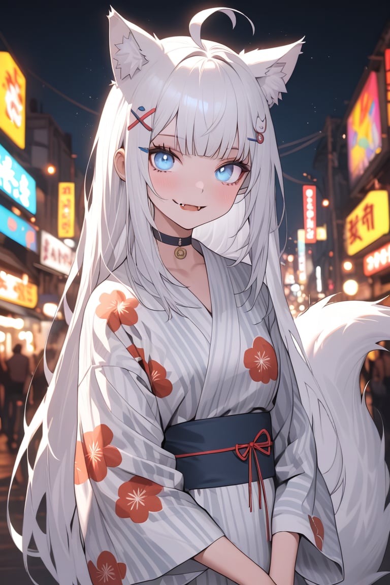  {{{masterpiece}}}, {{{best quality}}}, {{ultra-detailed}}, {beautiful detailed eyes},1girl, stoat girl, solo,  ((white hair)), very long hair, blue eyes, (straight hair), (bangs), animal ears, (stoat ears:1.2), Choker, ahoge, fangs, (big white fox Tail:1.2), (blue X hairpin), (cute yukata, colorful yukata), smiling, Beautiful eyes,