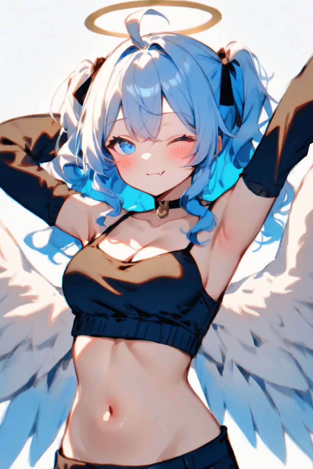 1girl, angel, white hair, long curly hair, (two side up), blue eyes,  (curly hair:1.2), (wavy hair), (hair curls)
, (bangs), (two side up), two blue hair ties on head, (Double golden halo on her head), bowtie choker, angel wings, ahoge, fang, solo, breasts, looking at viewer, blush, bangs, simple background, hair ornament, white background, navel, cleavage, medium breasts, collarbone, jacket, upper body, multicolored hair, one eye closed, midriff, virtual youtuber, hood, medium hair, armpits, arms up, camisole, cropped torso, colored inner hair, stretching, black camisole, vivid color, masterpiece, best quality, amazing quality, very aesthetic, absurdres, depth of field, score_9, score_8, score_7, score_6,sexy girl,1girl,watercolor \(medium\)