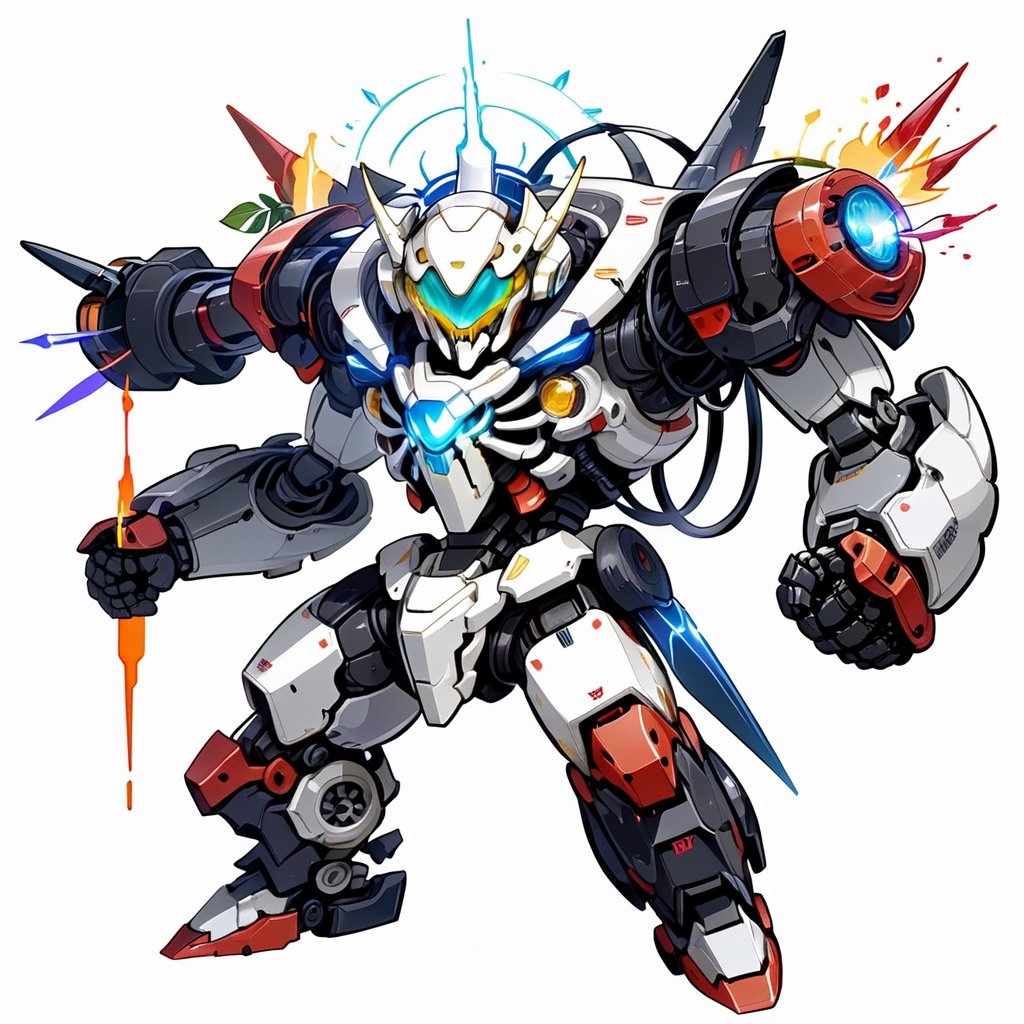 Masterpiece, 4K, ultra detailed, ((solo)), chibi style, anime style, skeleton Mecha, (MASK), (metal), dark color mecha, (fight pose), (punch), (Surrounded by electric current aura), (full body), solid background, detail, ,close viewer,ROBOT,aesthetic