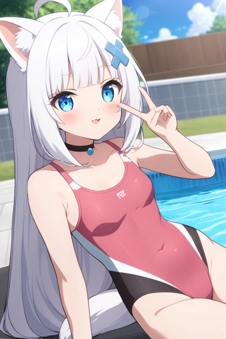 score_9, score_8_up, score_7_up, score_6_up, source_anime, 1girl, stoat girl, solo,  ((white hair)), very long hair, blue eyes, (straight hair), (bangs), animal ears, (stoat ears:1.2, Choker, ahoge, yaeba, (big white stoat Tail:1.2), (blue X hairpin), solo,  amagamiai, pink one-piece swimsuit, two-tone swimsuit, sitting, swimming pool, wink, peace sign, looking at you, blue sky