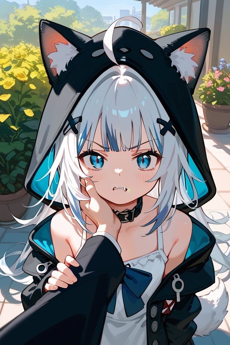 score_9, score_8_up, score_7_up, score_6_up, source anime, 1girl, solo,  ((white hair)), very long hair, blue eyes, (straight hair), (bangs), animal ears, (stoat ears:1.2), Choker, ahoge, fangs, 
(big stoat Tail:1.2), (X hairpin), (White sleeveless collared dress, blue chest bow), (black hooded oversized jacket:1.2), (Off the shoulders), vinpitm,annoyed,pov,hand on another chin,garden