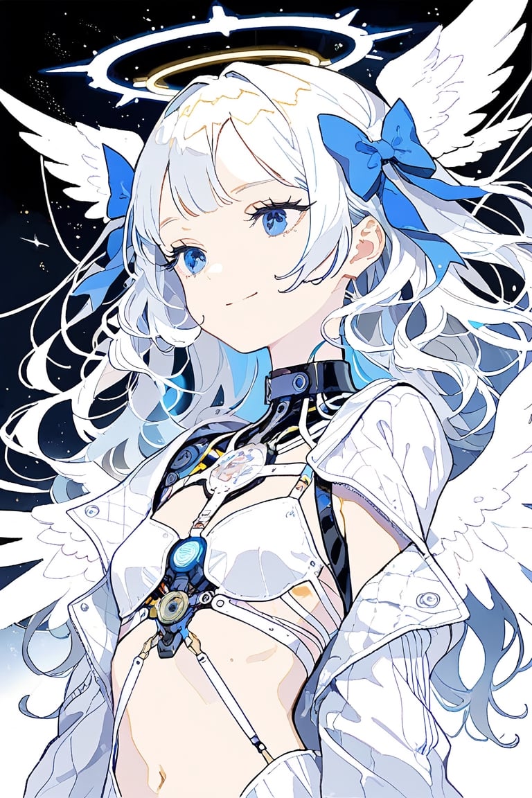 digital painting,1girl, angel, white hair, long curly hair, (two side up), blue eyes, two blue bows on head, (Double golden halo on her head), choker, angel wings on back, ahoge,cyberpunk, mechanical girl, cyborg, cable, exposed wires,
masterpiece, best quality, aethetic, closed mouth, jacket, simple background, smile, solo,aesthetic