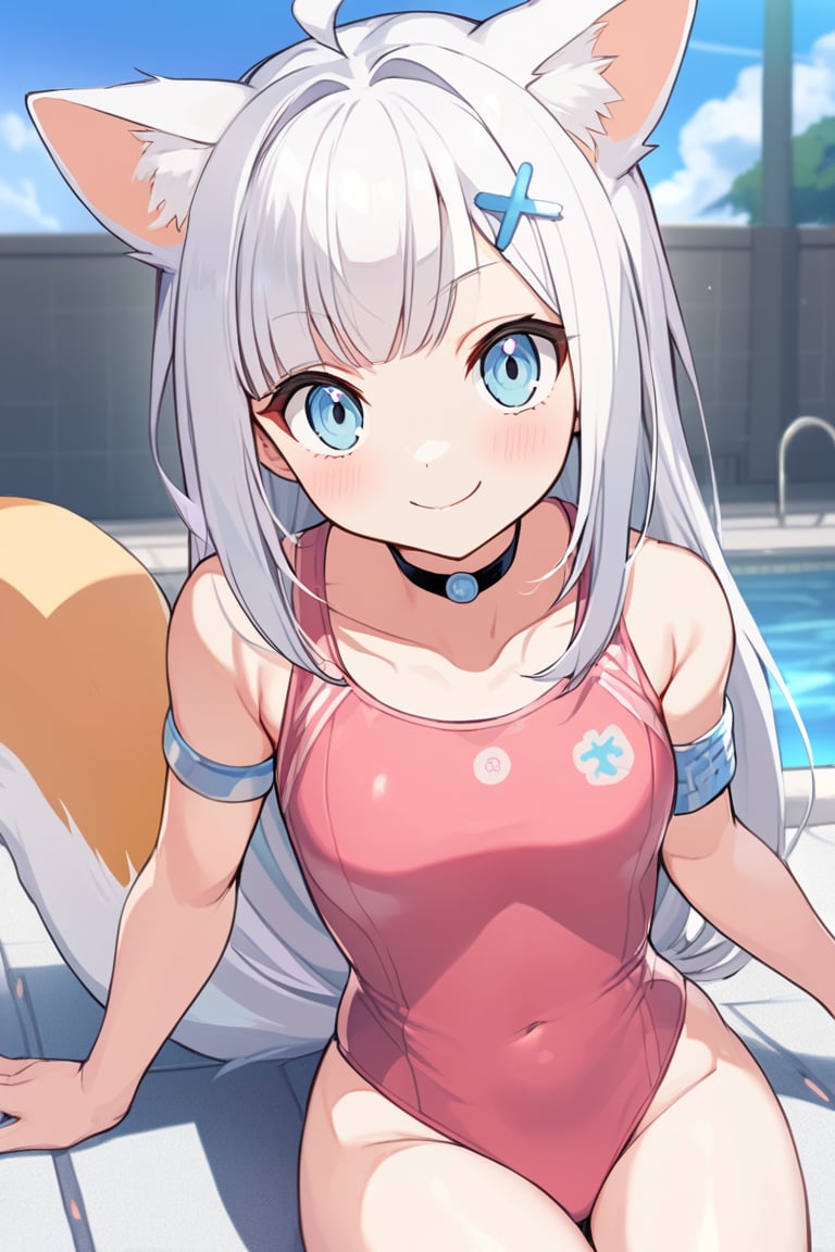 score_9, score_8_up, score_7_up, score_6_up, source_anime, 1girl, stoat girl, solo,  ((white hair)), very long hair, blue eyes, (straight hair), (bangs), animal ears, (stoat ears:1.2, Choker, ahoge, yaeba, (big white stoat Tail:1.2), (blue X hairpin), solo,  amagamiai, pink one-piece swimsuit, two-tone swimsuit, sitting, swimming pool, wink, peace sign, looking at you, blue sky