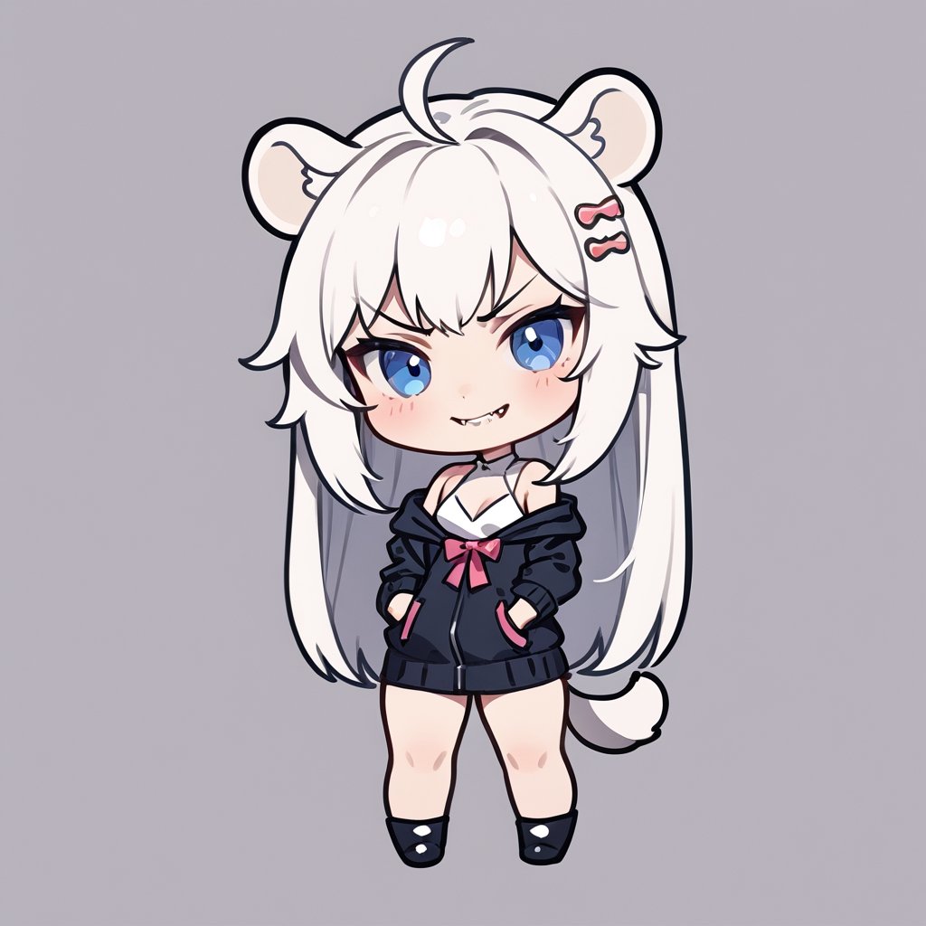 chibi, masterpiece, made by a master, 4k, perfect anatomy, perfect details, best quality, high quality, lots of detail.
(solo),1girl, ((white hair)), very long hair, (bunny hairpin), blue eyes, (straight hair), (bangs), (stoat ears:1.2), ahoge, fangs, (stoat Tail:1.2)(White sleeveless dress, chest bow), (black hooded jacket), (Off the shoulders), single, looking at viewer, (slightly angry), (chuckle), (full body) ,Emote Chibi. cute comic,simple background, flat color, Cute girl,Chibi Style,