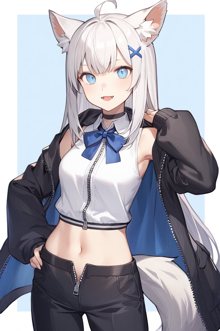 1girl, stoat girl, solo,  ((white hair)), very long hair, blue eyes, (straight hair), (bangs), animal ears, (stoat ears:1.2),
 Choker, ahoge, fangs, (big white fox Tail:1.2), (blue X hairpin), (White collared sleeveless top, (midriff), blue chest bow), 
(black hooded oversized jacket:1.2), ((jacket zipper half unzipped)), ((black short pants)) (Off the shoulders), hand on hip,
