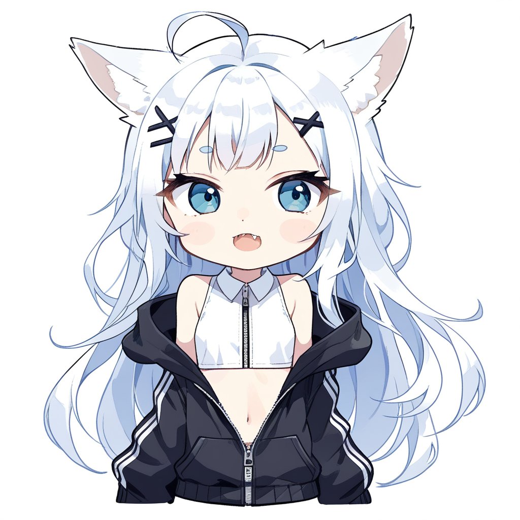 (chibi:1.3), masterpiece, made by a master, 4k, perfect anatomy, perfect details, best quality, high quality, lots of detail.
(solo),1girl, ((stoat girl)), solo,  ((white hair)), very long hair, blue eyes, (straight hair), (bangs), animal ears, (stoat ears:1.2), Choker, ahoge, cute_fang, (big Fox Tail:1.2), (blue X hairpin), (White collared sleeveless top, (midriff), blue chest bow), (black hooded oversized jacket:1.2), (jacket zipper half unzipped), (black short pants) (Off the shoulders), single, (((>_<:1.4))), (upper body) ,Emote Chibi. cute comic,simple background, flat color, Cute girl,dal,Chibi Style,lineart,comic book,