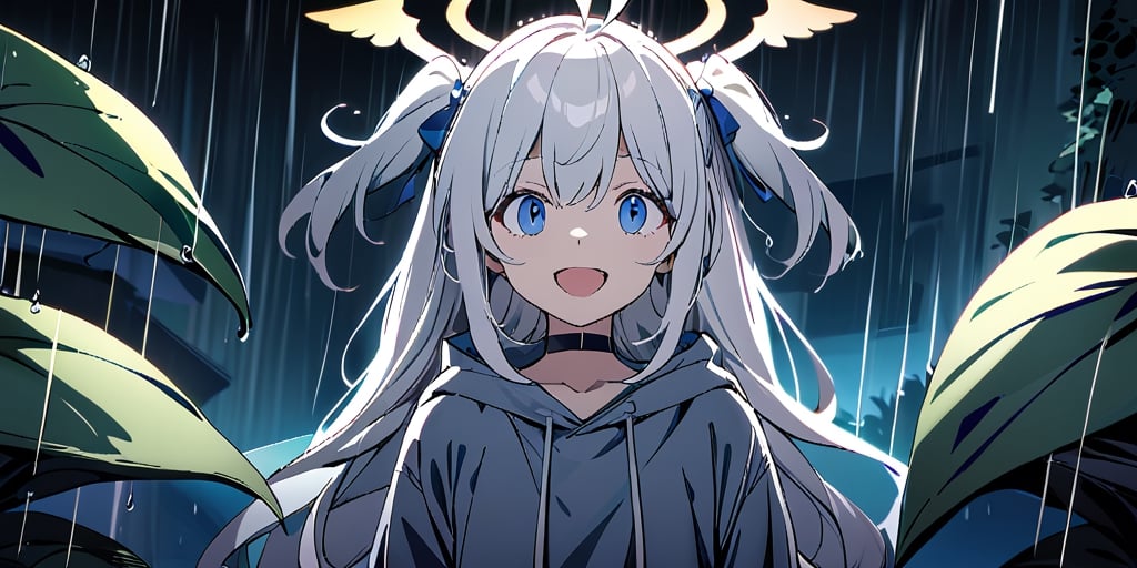 digital painting,1girl, angel, white hair, long curly hair, (two side up), blue eyes, two blue bows on head, (Double golden halo on her head), choker, angel wings on back, ahoge, Using huge leaves to block the rain, Wearing grey Hooded T-shirt, long sleeves, is looking up at the kamera with a surprised expression, cute smile. best smile, open mouth, outdoor, night, countryside,
rain, forest, Under the big tree, bus station, standing with (totoro), (big totoro) with umbrella,Blustery, dark background,Flat vector art, Anime
masterpiece, best quality, aethetic, jacket,  solo,aesthetic,