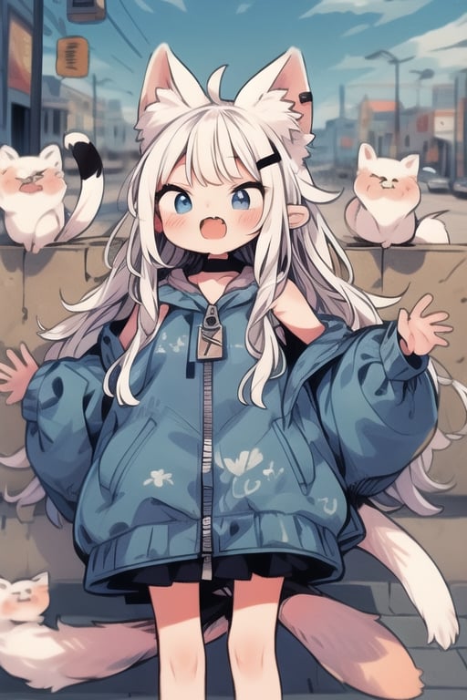 masterpiece, best quality, laplace, 1girl, solo,  ((white hair)), very long hair, blue eyes, (straight hair), (bangs), animal ears, (stoat ears:1.2), Choker, ahoge, fangs, (big stoat Tail:1.2), (blue X hairpin), (White sleeveless collared dress, (midriff), blue chest bow), (black hooded oversized jacket:1.2), (jacket zipper half unzipped), (Off the shoulders), lolita, smile, leaning forward, city street, close-up , from above, look up,yaeba,cartoon