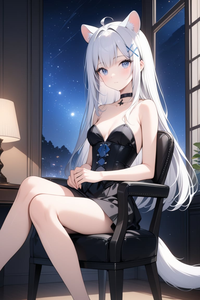 An animated image, 1girl, stoat girl, solo,  ((white hair)), very long hair, blue eyes, (straight hair), (bangs), animal ears, (stoat ears:1.2),
 Choker, ahoge, yaeba, (big white stoat Tail:1.2), (blue X hairpin), wearing a black strapless corset with a star on the chest. sitting on a black leather chair with her legs crossed. The chair is sitting in front of a window. There are two tables on either side of the woman with lamps on them, stunning image, digital art, professional style, ((masterpiece quality: 2)), starry night, close up, attractive image