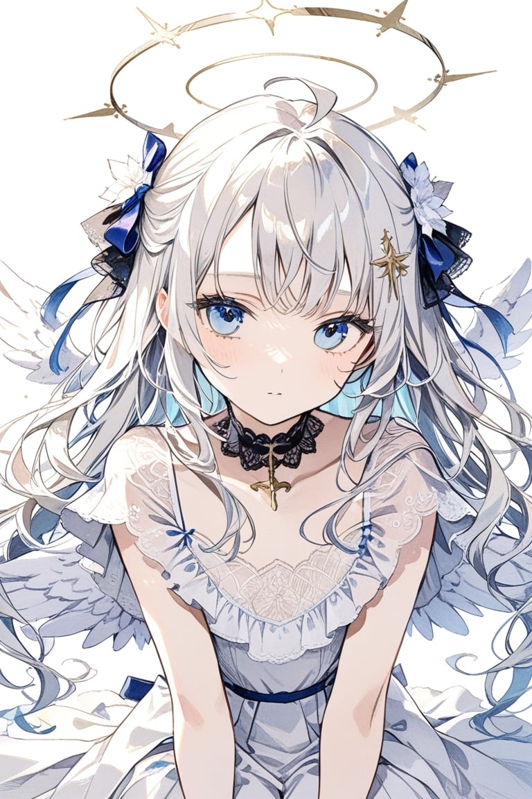 1girl, angel, white hair, long curly hair, two side up,blue eyes, two blue ribbons on her hair, (Double golden halo on her head), choker, angel wings on back, ahoge,Sitting with one hand running through the hair,
portrait, close-up, irezumi ,
masterpiece, best quality, aesthetic,