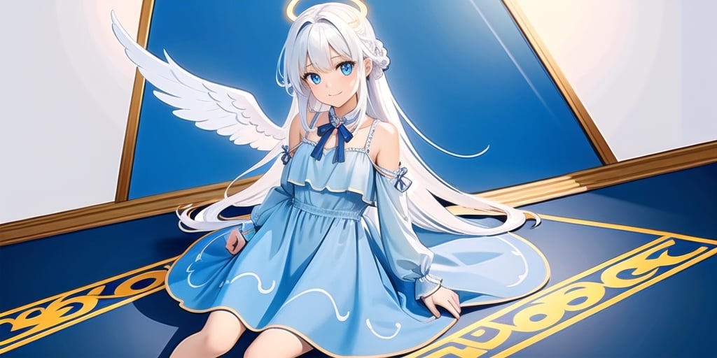 vibrant colors, female, masterpiece, sharp focus, best quality, depth of field, cinematic lighting, ((solo, one woman )), (illustration, 8k CG, extremely detailed), masterpiece, ultra-detailed,
1angel, (white hair), long curly hair, blue eyes, (two blue ribbons on her hair), (Double golden halo on her head), angel wings, dress, Sitting on a seat, look to the sky, best smile, cute face, perfect light,portrait,chiffon_dress