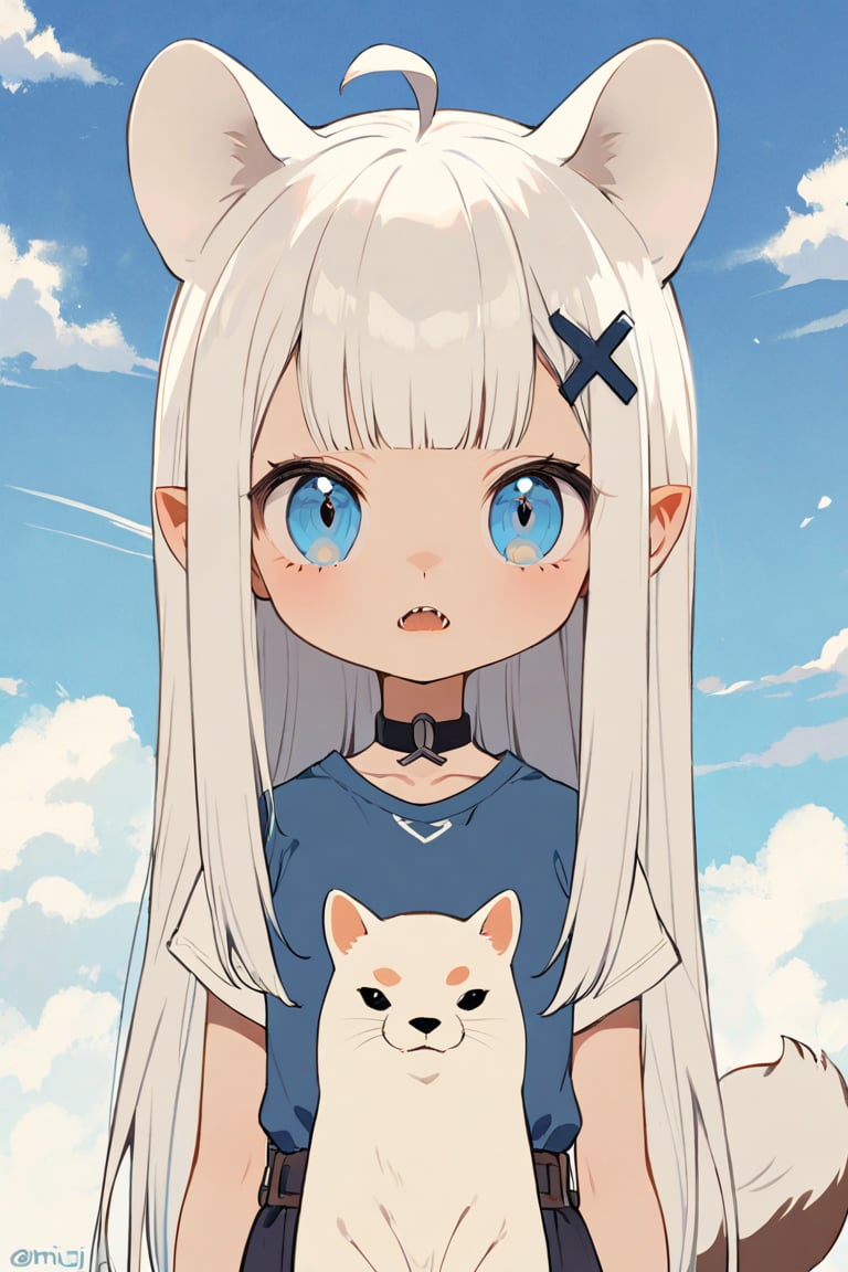 1girl, stoat girl, solo,  ((white hair)), very long hair, blue eyes, (straight hair), (bangs), animal ears, (stoat ears:1.2),
 Choker, ahoge, fangs, (big stoat Tail:1.2), (blue X hairpin), standing next to cute fat rabbit, summer day, symmetry face, niji style, ghibli style