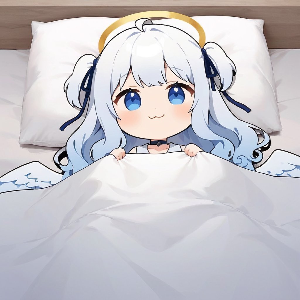 (chibi:1.3), masterpiece, made by a master, 4k, perfect anatomy, perfect details, best quality, high quality, lots of detail.
(solo),1girl, ((angel)), ((white hair)), (long hair:1.3), (two side up), blue eyes,  (curly hair:1.2), (wavy hair), (hair curls), (bangs), (two side up), two ((blue)) hair ties on head, ((Double golden halo on her head)), choker, ((angel wings)), ahoge, (white long sleeve hooded top), Black long pants, white socks, single, happy, smile, :3, thumbs up, shared speech bubble, spoken heart, futon, pillow, closed eyes, bed, sleeping, lying, under covers, blanket, (full body) ,Emote Chibi. cute comic, flat color, Cute girl,dal,Chibi Style,lineart,FaceST1