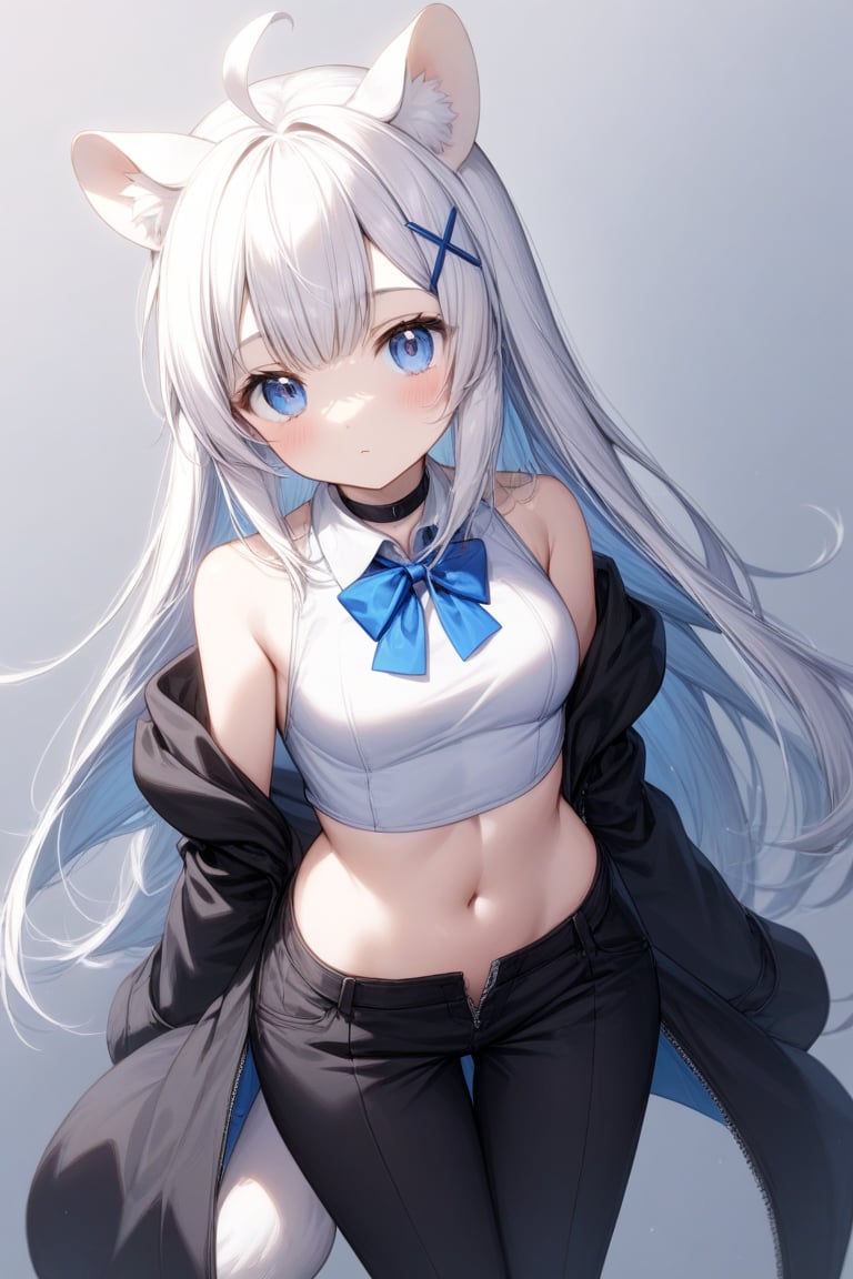 1girl, stoat girl, solo,  ((white hair)), very long hair, blue eyes, (straight hair), (bangs), animal ears, (stoat ears:1.2),
 Choker, ahoge, yaeba, (big white stoat Tail:1.2), (blue X hairpin), (White collared sleeveless top, (midriff), blue chest bow), 
(black hooded overcoat:1.2), (overcoat half zipped), (black short pants) (Off the shoulders),
high angle shot,Beautiful eyes