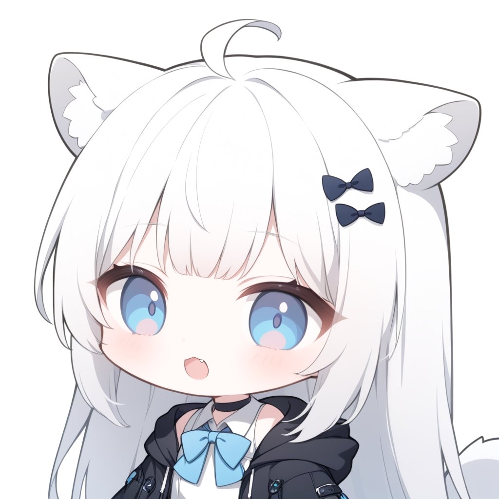 (chibi style),1girl, solo,  ((white hair)), very long hair, blue eyes, (straight hair), (bangs), animal ears, (stoat ears:1.2), Choker, ahoge, fangs, (big stoat Tail:1.2), (1 rabbit hairpin),
(White sleeveless collared dress, blue chest bow), (black hooded oversized jacket:1.2), (Off the shoulders), looking at viewer, simple background, shirt,, white background, upper body, anime ,Anime ,girl ,Emote Chibi