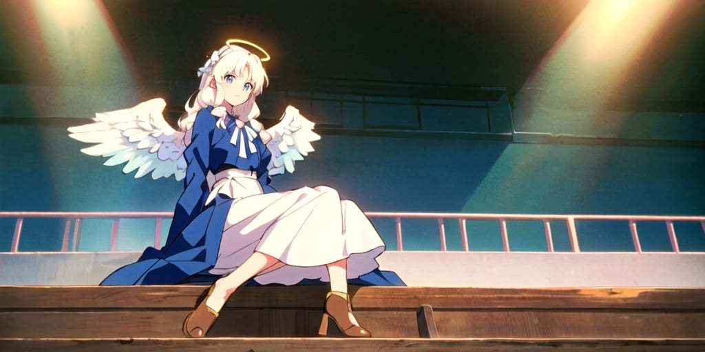  (Best Picture Quality, High Quality, Best Picture Score: 1.3), , Perfect Beauty Score: 1.5, long hair, 1 angel girl, (solo), ((white hair)), (long curly hair), blue eyes, ((two blue ribbons on her hair)), (Double golden halo on her head), (angel wings), (cute outfit), (full_body), beautiful, cute, masterpiece, best quality,perfect light,evangelion anime style