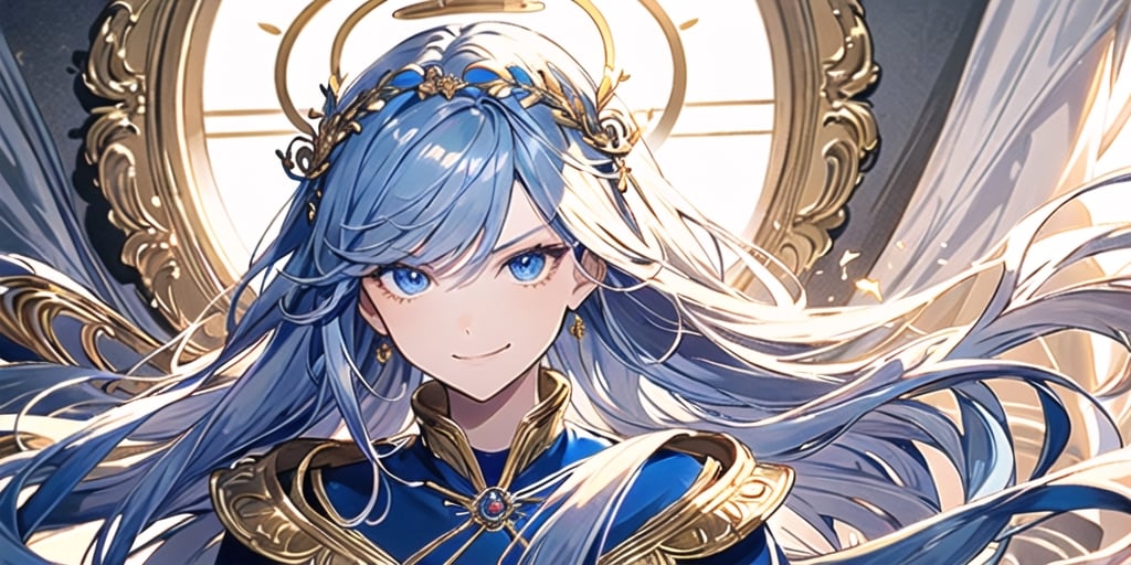 1girl, angel, with sliver long curly hair, blue eyes, two blue ribbons on her hair, (Double golden halo on her head), angel wings, perfecteyes, mage clothing, evil smirk,perfect light,portrait,masterpiece