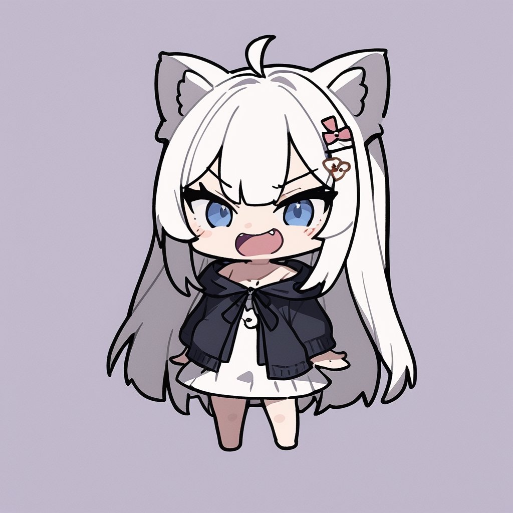 chibi, masterpiece, made by a master, 4k, perfect anatomy, perfect details, best quality, high quality, lots of detail.
(solo),1girl, ((white hair)), very long hair, (bunny hairpin), blue eyes, (straight hair), (bangs), (stoat ears:1.2), ahoge, fangs, (stoat Tail:1.2)(White sleeveless dress, chest bow), (black hooded jacket), (Off the shoulders), single, looking at viewer, (slightly angry), (chuckle), (full body) ,Emote Chibi. cute comic,simple background, flat color, Cute girl,Chibi Style,