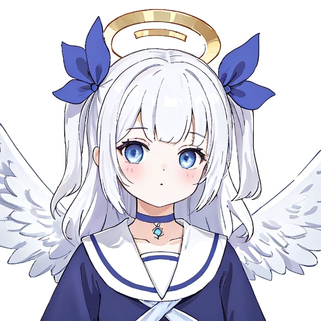 (masterpiece, top quality, best quality, official art, beautiful and aesthetic:1.2),(8k, best quality, masterpiece:1.2), 1girl, angel, white hair, long curly hair, two side up, Bangs, blue eyes, two blue ribbons on her hair, (Double golden halo on her head), choker, angel wings, blue choker, dress, masterpiece, best quality, aesthetic, realistic, ,game icon institute,line anime