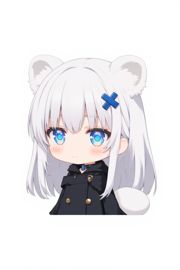 1girl, stoat girl, solo,  ((white hair)), very long hair, blue eyes, (straight hair), (bangs), animal ears, (stoat ears:1.2),
 Choker, ahoge, yaeba, (big white stoat Tail:1.2), (blue X hairpin), wearing a black coat ,lyh_nendo,chibi