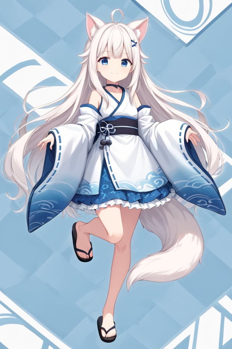 1 girl, stoat girl, solo,  ((white hair)), very long hair, blue eyes, (straight hair), (bangs), animal ears, (stoat ears:1.2),
 Choker, ahoge, yaeba, (big stoat Tail:1.2), (blue X hairpin), solo, simple background, Japanese pattern background, looking at viewer, bangs, smiling, blue eyes, frilly skirt, hair accessory, long sleeves, bare shoulders, mouth closed, standing, standing with one leg up, full body, sleeves removed, Japanese dress, sleeveless, black footwear, sleeves up to wrist, bell, sandals, Hanafuda cards,ink paint