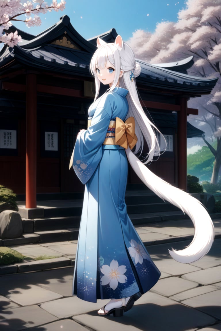 1girl, stoat girl, solo,  ((white hair)), very long hair, blue eyes, (straight hair), (bangs), animal ears, (stoat ears:1.2),
 Choker, ahoge, yaeba, (big white stoat Tail:1.2), (blue X hairpin),solo, long hair, blush, smile, open mouth, bangs, skirt, simple background, wearing intricately detailed black and silver armor stands in the sky, her dress made of stars,  long sleeves, closed mouth, flower, sidelocks, outdoors, japanese clothes, day, full body, kimono, hair bun, from side, tree, sash, obi, floral print, cherry blossoms, blue kimono, shrine, Anime style full long shot,Japanese pattern