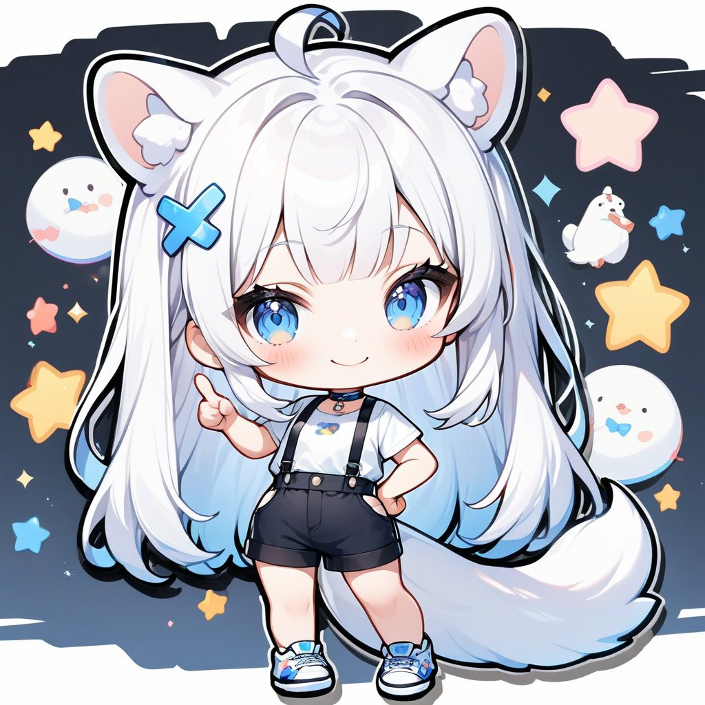 1girl, stoat girl, solo,  ((white hair)), very long hair, blue eyes, (straight hair), (bangs), animal ears, (stoat ears:1.2),
 Choker, ahoge, yaeba, (big white stoat Tail:1.2), (blue X hairpin), solo, long hair, looking at viewer, sticker image, blush, smile, bangs, blue eyes, skirt, simple background, shirt, white background, bow, animal ears, twintails, very long hair, closed mouth, standing, tail, full body, white shirt, short sleeves, shoes, hand up, chibi, animal ear fluff, hand on hip, black shorts, white footwear, suspenders, sneakers, index finger raised, extra ears, suspender skirt