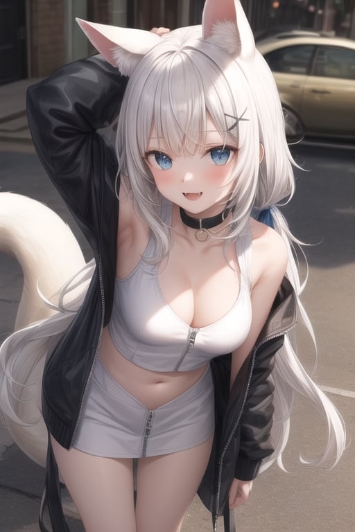 masterpiece, best quality, laplace, 1girl, solo,  ((white hair)), very long hair, blue eyes, (straight hair), (bangs), animal ears, (stoat ears:1.2), Choker, ahoge, fangs, (big stoat Tail:1.2), (blue X hairpin), (White sleeveless collared dress, (midriff), blue chest bow), (black hooded oversized jacket:1.2), (jacket zipper half unzipped), (Off the shoulders), lolita, smile, leaning forward, city street, close-up , from above, look up,yaeba,anime,green theme