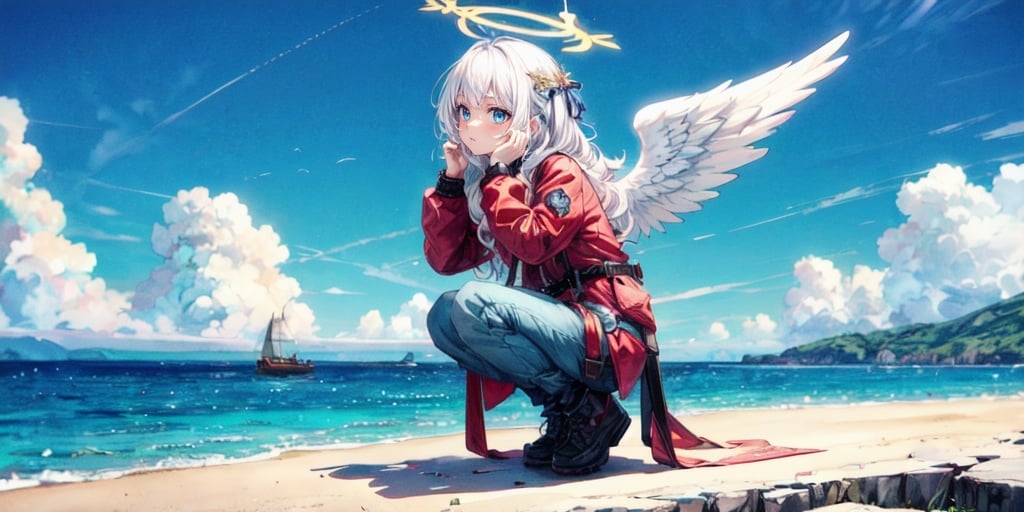  (Best Picture Quality, High Quality, Best Picture Score: 1.3), , Perfect Beauty Score: 1.5, long hair, 1 angel girl, (solo), ((white hair)), (long curly hair), blue eyes, ((two blue ribbons on her hair)), (Double golden halo on her head), (angel wings), (cute outfit), wearin explorer clothing, gadventure clothing, adventure wear, adventure pants, Going on an adventure, many wild animals, on an isolated island, (full_body), beautiful, cute, masterpiece, best quality,perfect light,