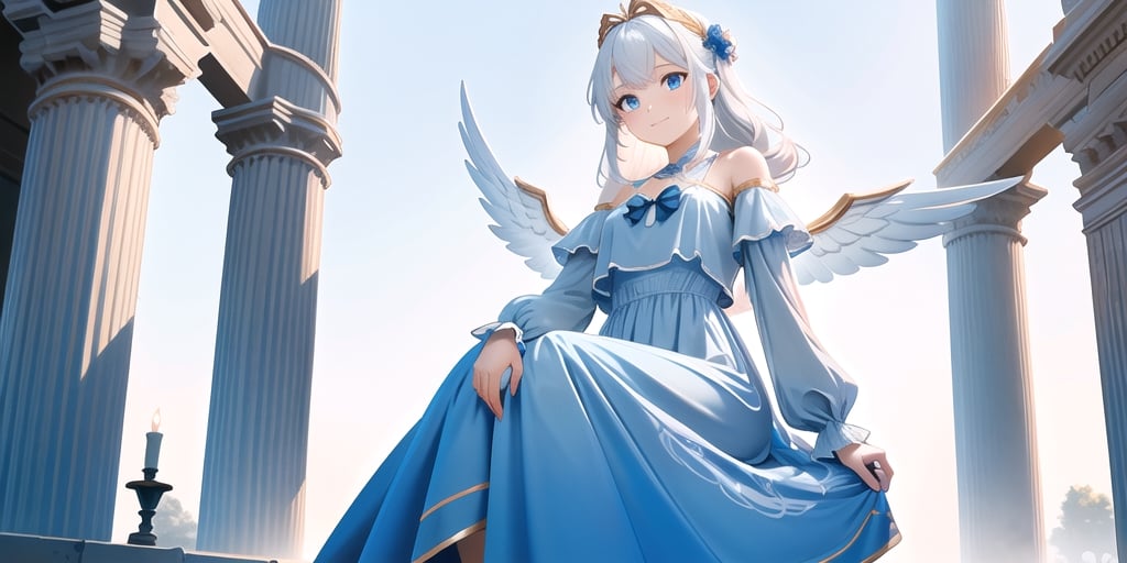 vibrant colors, female, masterpiece, sharp focus, best quality, depth of field, cinematic lighting, ((solo, one woman )), (illustration, 8k CG, extremely detailed), masterpiece, ultra-detailed,
1angel, (white hair), long curly hair, blue eyes, (two blue ribbons on her hair), (Double golden halo on her head), angel wings, dress, Sitting on a seat, look to the sky, best smile, cute face, perfect light,portrait,chiffon_dress