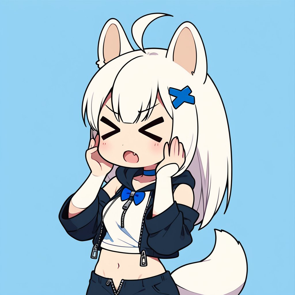 (chibi:1.3), masterpiece, made by a master, 4k, perfect anatomy, perfect details, best quality, high quality, lots of detail.
(solo),1girl, ((stoat girl)), solo,  ((white hair)), very long hair, blue eyes, (straight hair), (bangs), animal ears, (stoat ears:1.2), Choker, ahoge, cute_fang, (big Fox Tail:1.2), (blue X hairpin), (White collared sleeveless top, (midriff), blue chest bow), (black hooded oversized jacket:1.2), (jacket zipper half unzipped), (black short pants) (Off the shoulders), single, (((>_<:1.4))), hands on face, (upper body) ,Emote Chibi. cute comic,simple background, flat color, Cute girl,dal,Chibi Style,lineart,comic book,