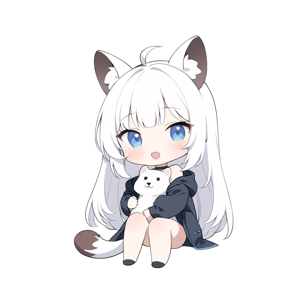 chibi, masterpiece, made by a master, 4k, perfect anatomy, perfect details, best quality, high quality, lots of detail.
(solo),1girl, ((white hair)), very long hair, blue eyes, (straight hair), (bangs), animal ears, (stoat ears:1.2), Choker, ahoge, fang, (big stoat Tail:1.2), (White sleeveless two piece dress, blue chest bow), (black hooded jacket:1.2), (Off the shoulders), (hugging a rabbit doll:1.2), single, looking at viewer, (full body) ,Emote Chibi. cute comic,simple background, flat color, Cute girl,Chibi Style,chibi emote style,cute,anime