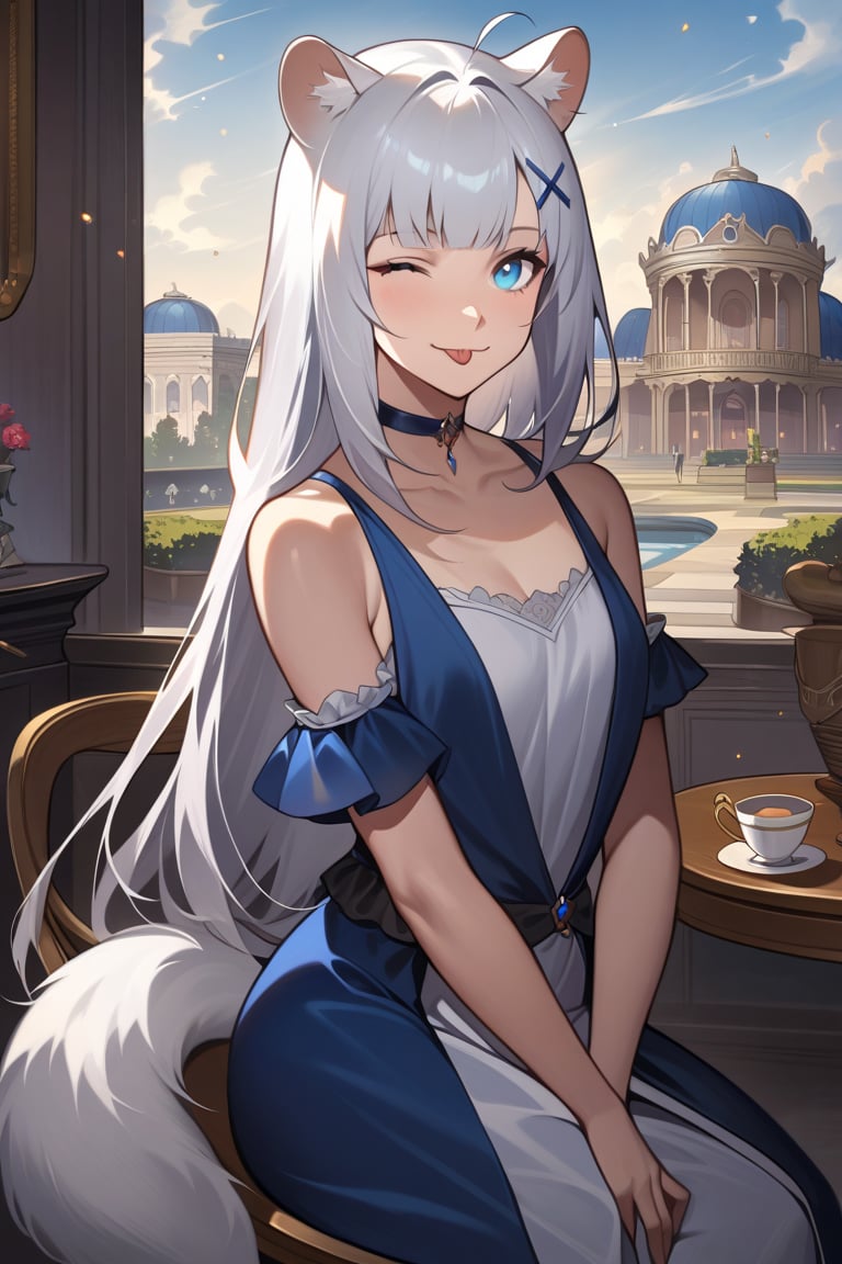 1girl, stoat girl, solo,  ((white hair)), very long hair, blue eyes, (straight hair), (bangs), animal ears, (stoat ears:1.2),
 Choker, ahoge, yaeba, (big white stoat Tail:1.2), (blue X hairpin), fine art parody, dressing evening dress, masterpiece quality, looking at viewer, smiling, upper body, sitting in chair, table, teacup, indoors, victorian palace in background, one eye closed, tongue out, close up, stunning image, light particles.