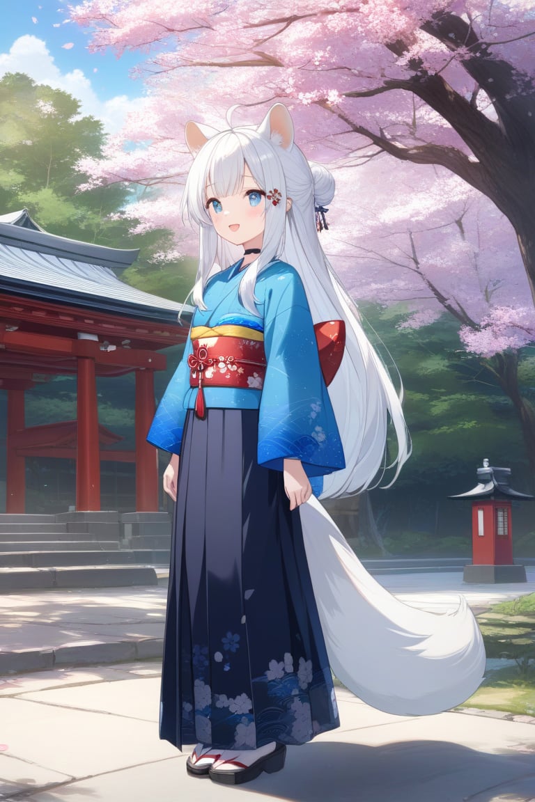 1girl, stoat girl, solo,  ((white hair)), very long hair, blue eyes, (straight hair), (bangs), animal ears, (stoat ears:1.2),
 Choker, ahoge, yaeba, (big white stoat Tail:1.2), (blue X hairpin),solo, long hair, blush, smile, open mouth, bangs, skirt, simple background, wearing intricately detailed black and silver armor stands in the sky, her dress made of stars,  long sleeves, closed mouth, flower, sidelocks, outdoors, japanese clothes, day, full body, kimono, hair bun, from side, tree, sash, obi, floral print, cherry blossoms, blue kimono, shrine, Anime style full long shot,