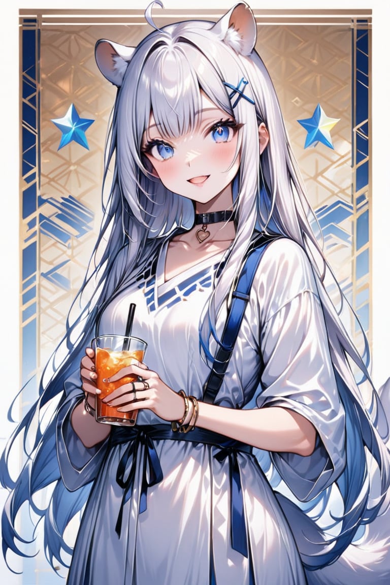 Masterpiece, 1 cute girl,1girl, stoat girl, solo,  ((white hair)), very long hair, blue eyes, (straight hair), (bangs), animal ears, (stoat ears:1.2),
 Choker, ahoge, yaeba, (big white stoat Tail:1.2), (blue X hairpin), solo, looking at viewer, long hair, bangs, smiling, simple background, heart \(symbol\), star (symbol\),  shirt,  holding with both hands, blue eyes, white shirt, upper body,  open lips, bracelet, cup, ring, cup held in hand, Japanese pattern background, cup, ice, straw, drink, glass, ice,ink paint