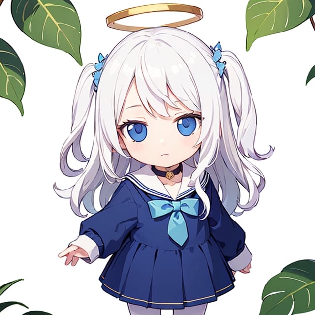  chibi, masterpiece, best quality,1girl, angel, (white hair), long curly hair, (two side up),blue eyes, (two blue ribbons on her hair), (Double golden halo on her head), choker, angel wings,leaf on head, ahoge,blue school uniform,sailor collar,long sleeves,pleated skirt,white pantyhose,
,masterpiece