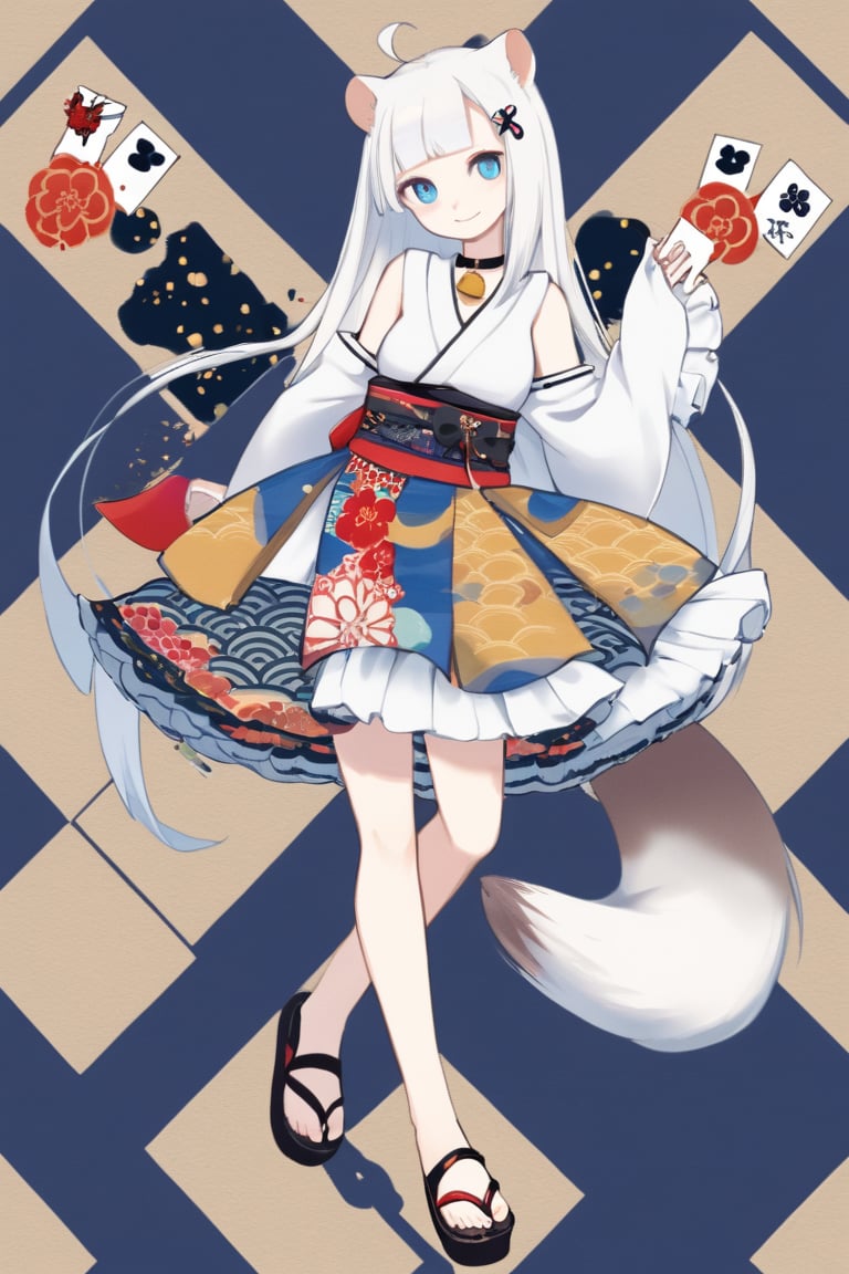 1 girl, stoat girl, solo,  ((white hair)), very long hair, blue eyes, (straight hair), (bangs), animal ears, (stoat ears:1.2),
 Choker, ahoge, yaeba, (big stoat Tail:1.2), (blue X hairpin), solo, simple background, Japanese pattern background, looking at viewer, bangs, smiling, blue eyes, frilly skirt, hair accessory, long sleeves, bare shoulders, mouth closed, standing, standing with one leg up, full body, sleeves removed, Japanese dress, sleeveless, black footwear, sleeves up to wrist, bell, sandals, Hanafuda cards,ink paint