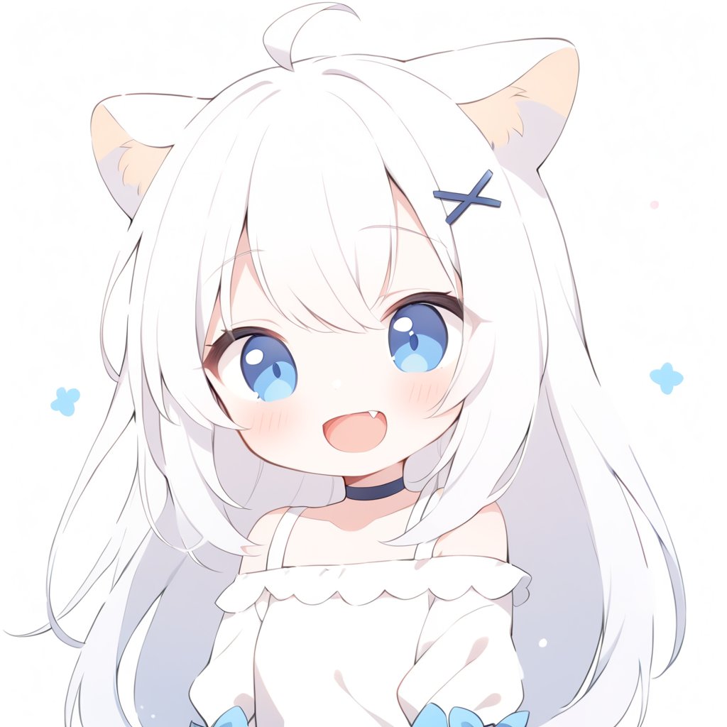 masterpiece, 1girl, stoat girl, solo,  ((white hair)), very long hair, blue eyes, (straight hair), (bangs), animal ears, (stoat ears:1.2),
 Choker, ahoge, fangs, (big stoat Tail:1.2), (blue X hairpin), solo, long hair, blush, bangs, simple background, cute dress, white background, hair between eyes, (((happy))), (laughing), laughing out loud, open mouth, collarbone, ahoge, lips parted, off shoulder, chibi, (((up body))),flat style,