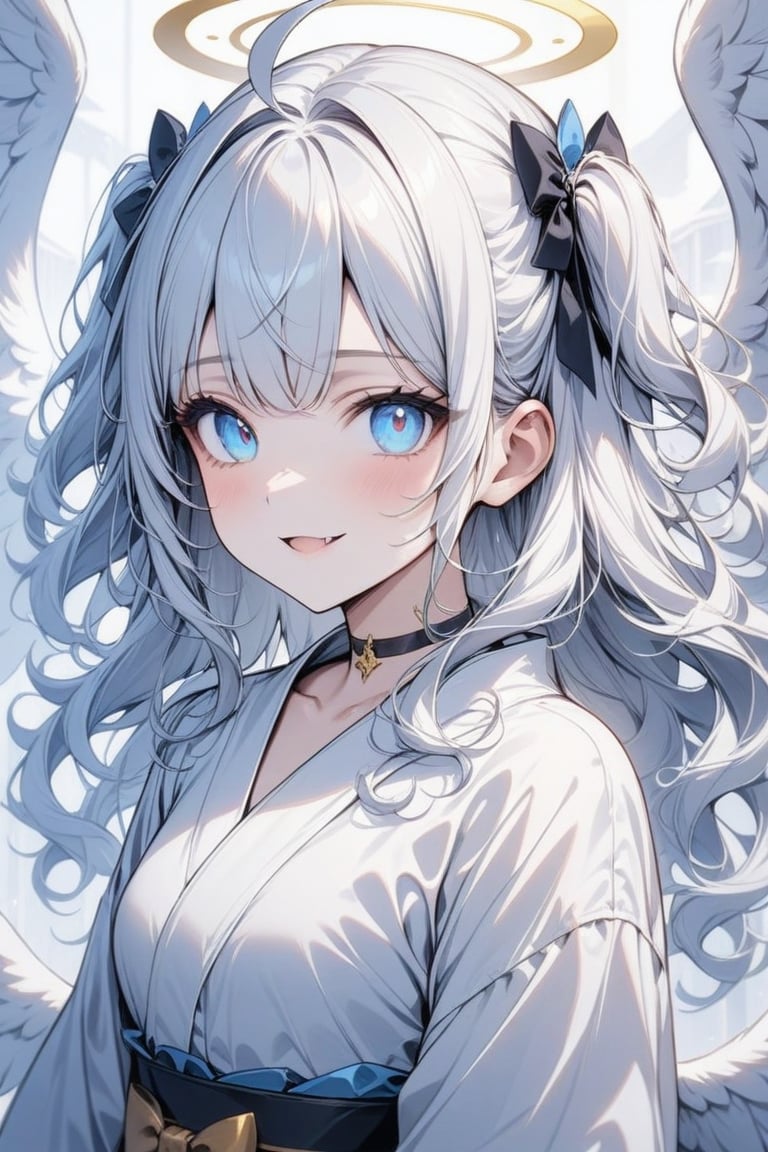  {{{masterpiece}}}, {{{best quality}}}, {{ultra-detailed}}, {beautiful detailed eyes}, 1girl, solo, angel, white hair, long curly hair, (two side up), blue eyes,  (curly hair:1.2), (wavy hair), (hair curls), (bangs), (two side up), two blue hair ties on head, (Double golden halo on her head), bowtie choker, angel wings, ahoge, fang,, (cute yukata), smiling ,Eyes,Beautiful eyes,