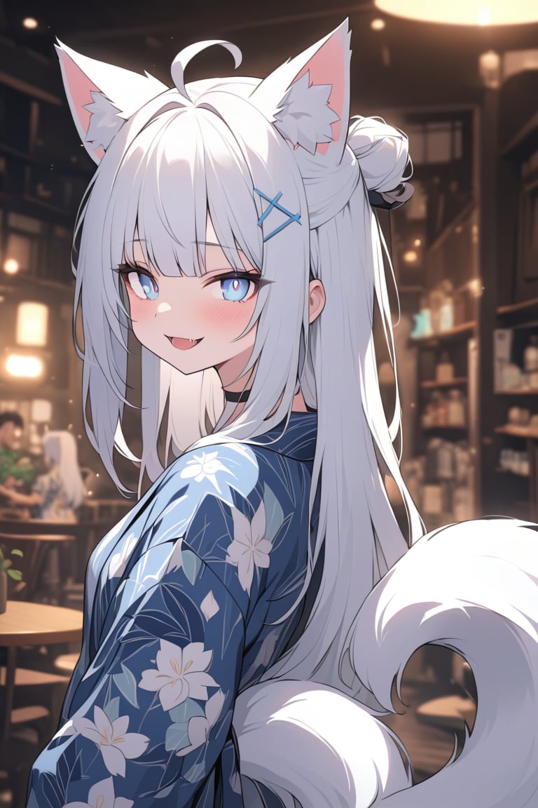  {{{masterpiece}}}, {{{best quality}}}, {{ultra-detailed}}, {beautiful detailed eyes},1girl, stoat girl, solo,  ((white hair)), very long hair, blue eyes, (straight hair), (bangs), animal ears, (stoat ears:1.2), Choker, ahoge, fangs, (big white fox Tail:1.2), (blue X hairpin), (cute yukata, colorful yukata), smiling, Beautiful eyes,