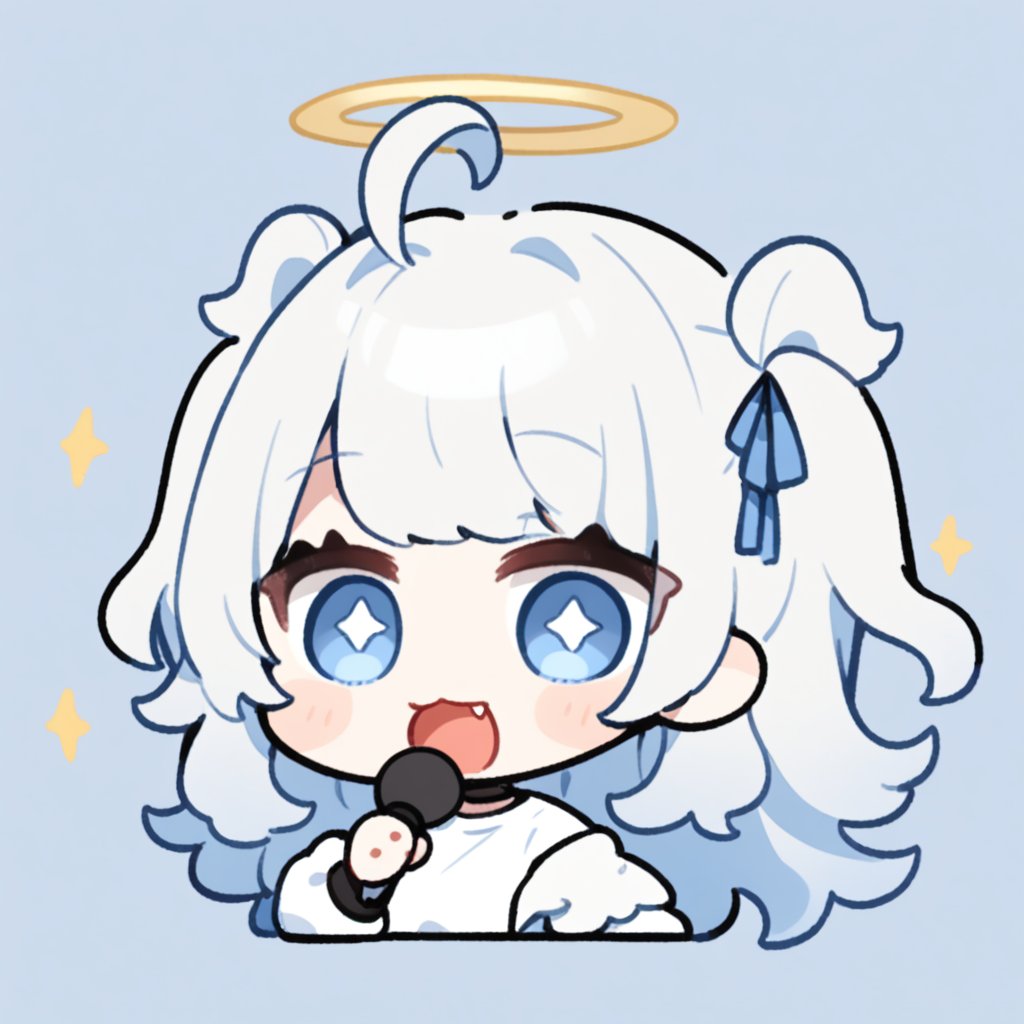 (chibi style), {{{masterpiece}}}, {{{best quality}}}, {{ultra-detailed}}, {beautiful detailed eyes}. 1girl, angel, white hair, long curly hair, (two side up), blue eyes,  (curly hair:1.2), (wavy hair), (hair curls), (bangs), (two side up), two blue hair ties on head, (Double golden halo on her head), choker, angel wings, ahoge, fang, (white T-shirt), (rapping), (black sunglasses), (microphone), upper body,chibi emote style,chibi,emote, cute,Emote Chibi,anime,cute comic,