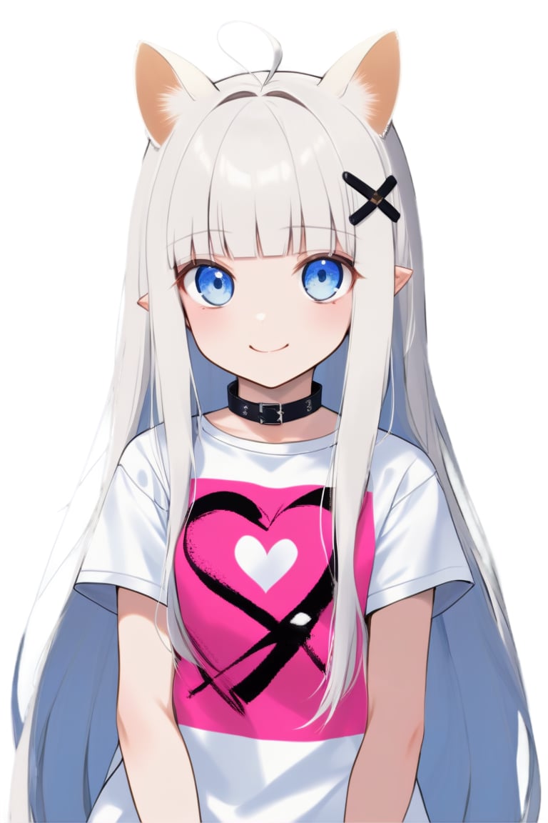 1girl, stoat girl, solo,  ((white hair)), very long hair, blue eyes, (straight hair), (bangs), animal ears, (stoat ears:1.2),
 Choker, ahoge, yaeba, (big white stoat Tail:1.2), (blue X hairpin), hold, holding pink heart, cartoon tshirt, white tshirt, collar, hair covering one eye, looking at the camera, little smile,ink paint