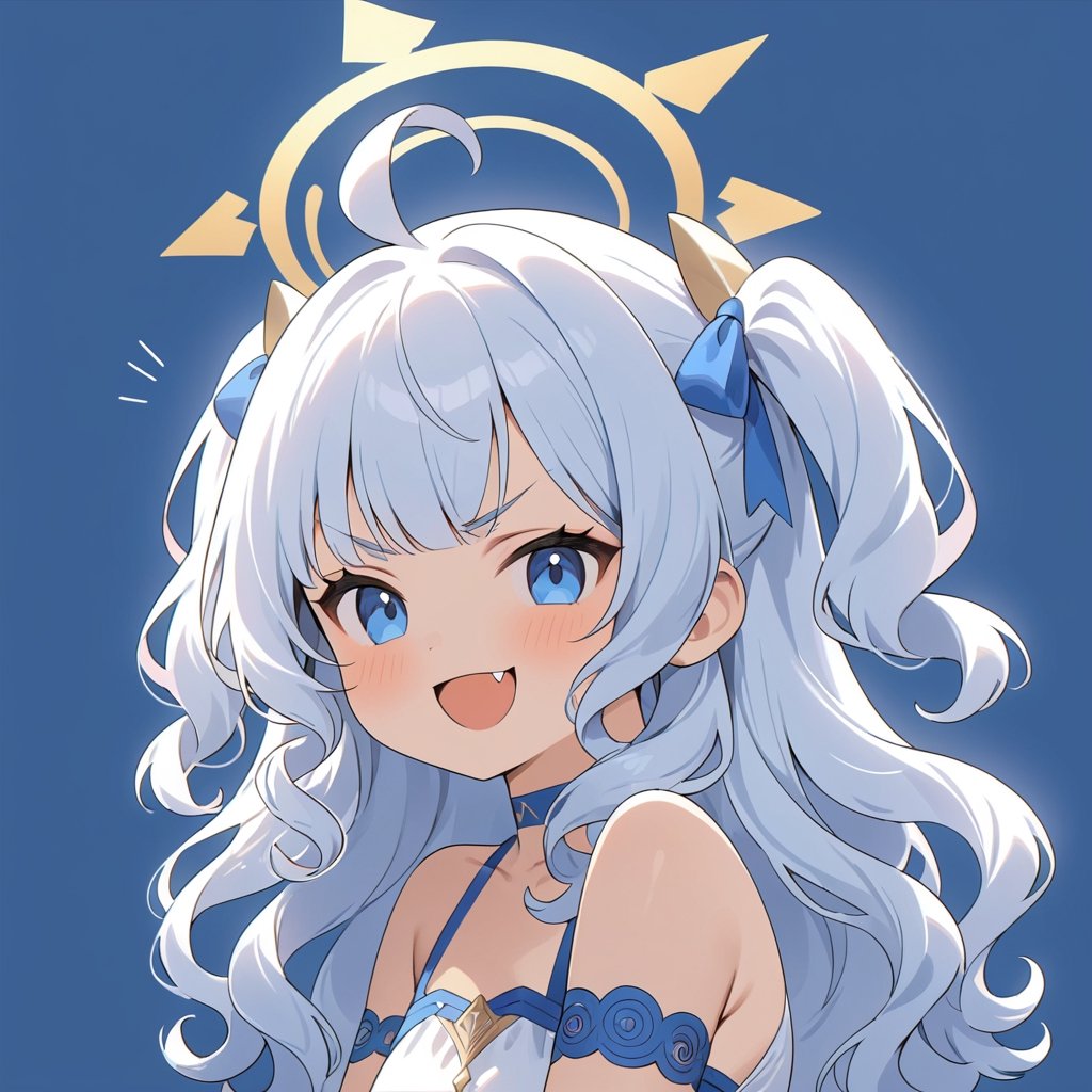 masterpiece, made by a master, 4k, perfect anatomy, perfect details, best quality, high quality, lots of detail.
1girl, angel, (white hair), long curly hair, (two side up), blue eyes,  (curly hair:1.2), (wavy hair), (hair curls), (bangs), (two side up), two (blue) hair ties on head, (Double golden halo on her head), choker, (angel wings), ahoge, White dress with blue trim, single, looking at camera, smiling, fang, happy, slightly angry, chibi, Emote Chibi.
simple background, Line,cute comic,simple background, flat color,CHIBI,lineart