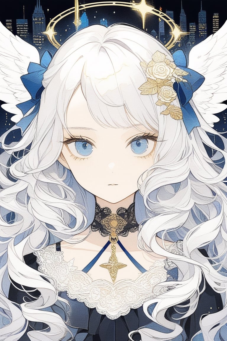 portrait of cute detecive in the noir city, 1girl, angel, white hair, long curly hair, two side up,blue eyes, two blue ribbons on her hair, (Double golden halo on her head), choker, angel wings, detailed illustration portrait, incredible details, disney stylized cute, dark cyberpunk illustration