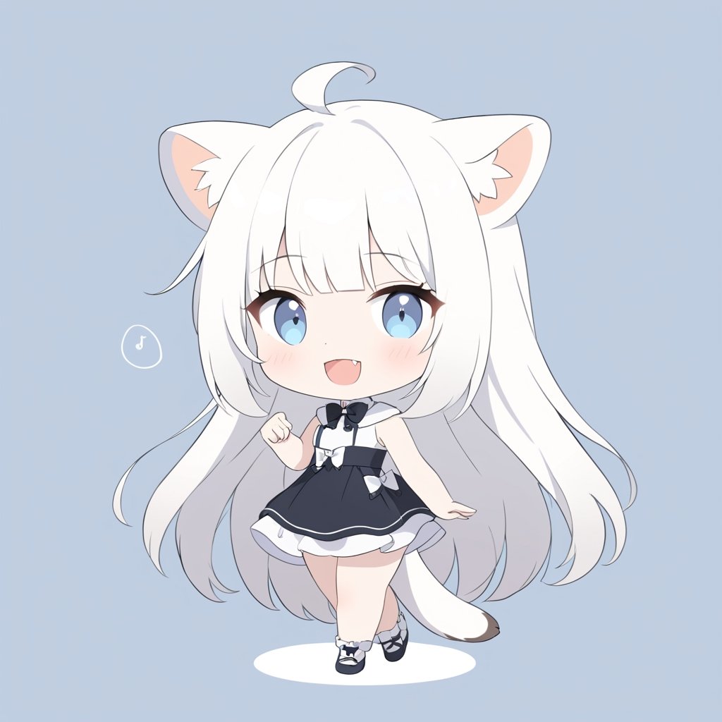 chibi, masterpiece, made by a master, 4k, perfect anatomy, perfect details, best quality, high quality, lots of detail.
(solo),1girl, ((white hair)), very long hair, blue eyes, (straight hair), (bangs), animal ears, (stoat ears:1.2), ahoge, fang, (big stoat Tail:1.2), (White sleeveless two piece dress, chest bow), (black hooded jacket,), dancing, single, looking at viewer, (happy), (chuckle), (full body) ,Emote Chibi. cute comic,simple background, flat color, Cute girl,Chibi Style,chibi emote style,cute