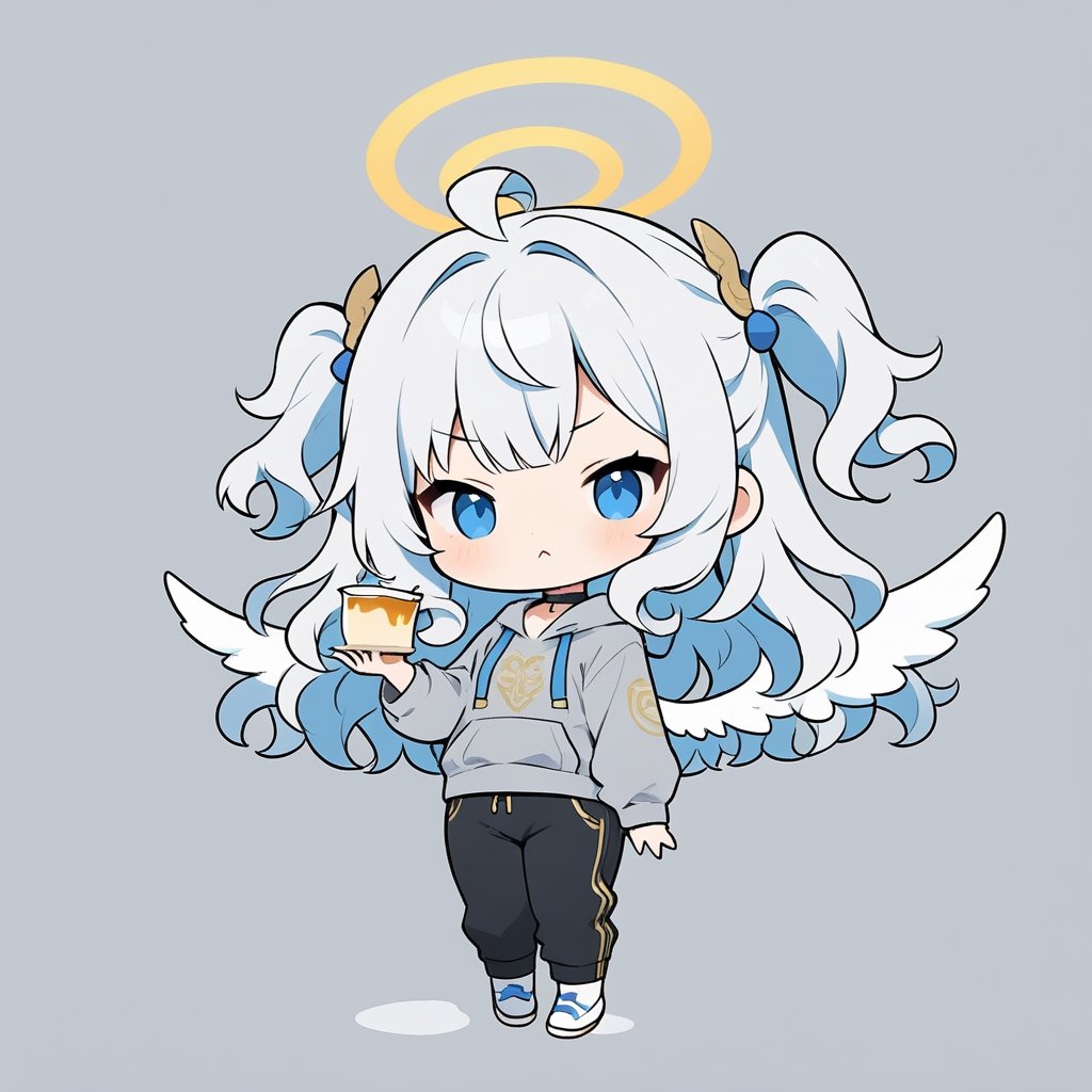 chibi, sd, masterpiece, made by a master, 4k, perfect anatomy, perfect details, best quality, high quality, lots of detail.
(solo),1girl, ((angel)), ((white hair)), long curly hair, (two side up), blue eyes,  (curly hair:1.2), (wavy hair), (hair curls), (bangs), (two side up), two ((blue)) hair ties on head, (Double golden halo on her head), choker, ((angel wings)), ahoge, (((>_<:1.2))), (Gray long sleeve hooded top), Black long pants, white socks, single, looking at viewer, ((holding a pudding:1.2)), (full body) ,Emote Chibi. cute comic,simple background, flat color, Cute girl,dal,Chibi Style,lineart,comic book