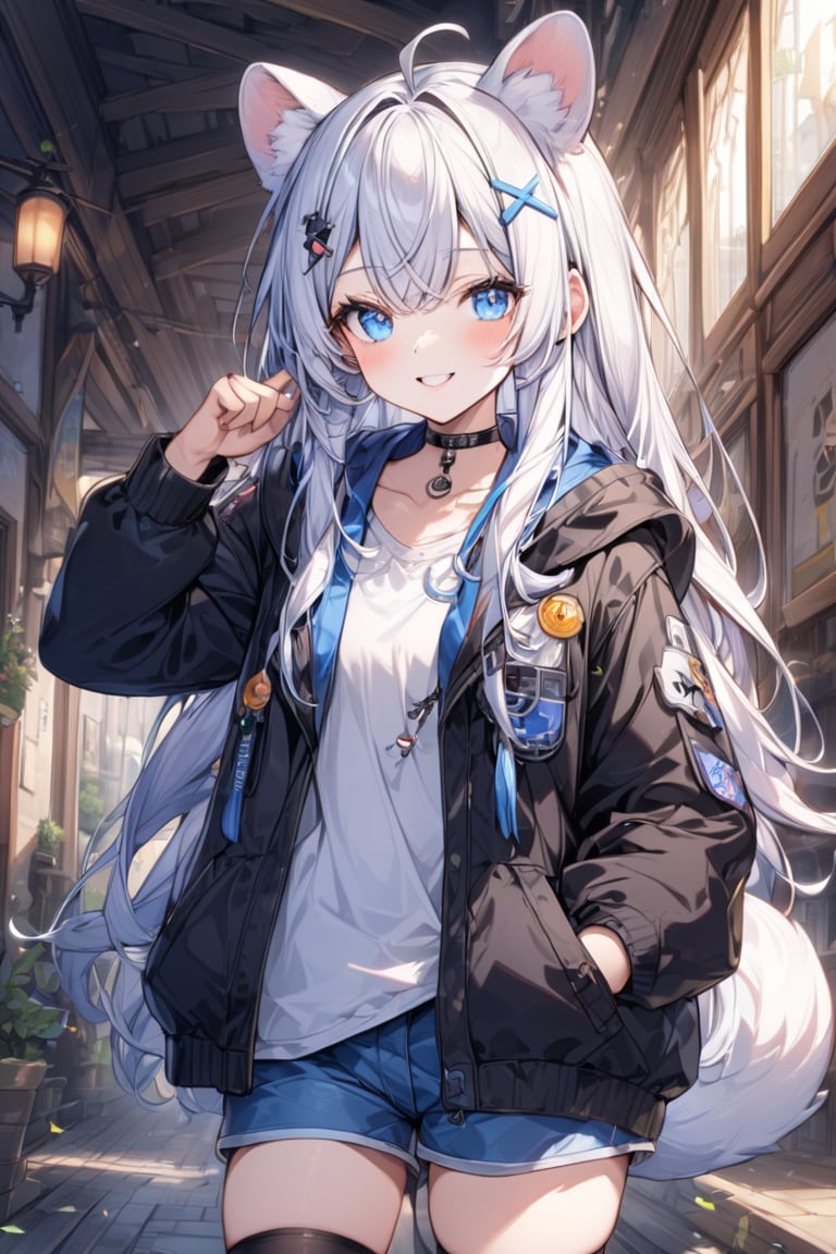 1girl, stoat girl, solo,  ((white hair)), very long hair, blue eyes, (straight hair), (bangs), animal ears, (stoat ears:1.2),
 Choker, ahoge, yaeba, (big white stoat Tail:1.2), (blue X hairpin),  solo, looking at viewer, blush, smile, bangs, blue eyes, shirt, thighhighs, long sleeves, standing, jacket, White collared sleeveless top, ahoge, multicolored hair, open clothes, shorts, black thighhighs, hood, open jacket, short shorts, hood down, black jacket, hooded jacket, blue shorts, hand in pocket,Beautiful eyes