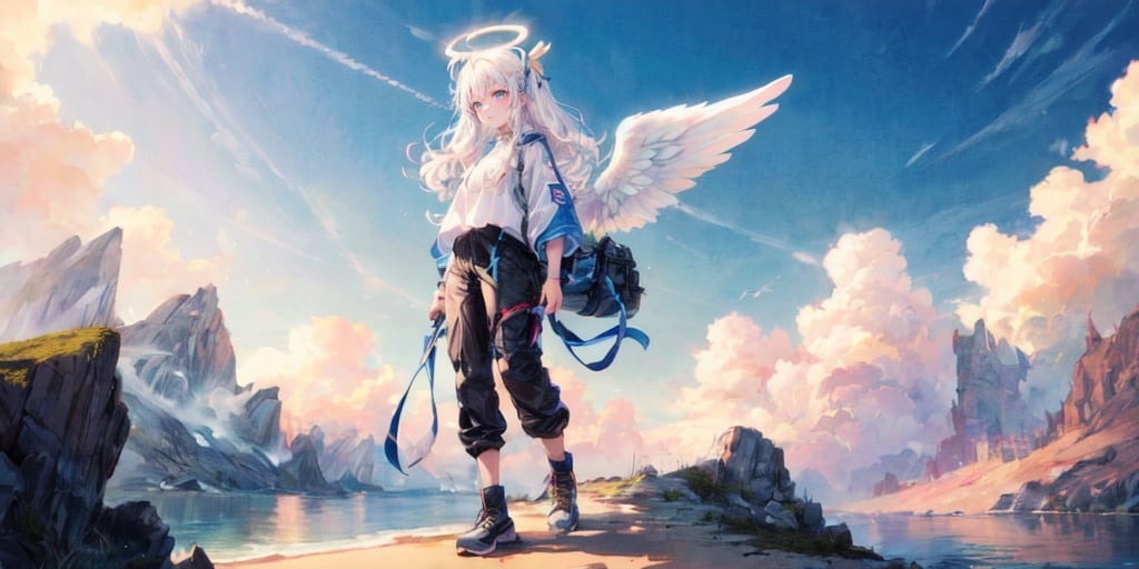  (Best Picture Quality, High Quality, Best Picture Score: 1.3), , Perfect Beauty Score: 1.5, long hair, 1 angel girl, (solo), ((white hair)), (long curly hair), blue eyes, ((two blue ribbons on her hair)), (Double golden halo on her head), (angel wings), (cute outfit), wearin explorer clothing, gadventure clothing, adventure wear, adventure pants, Going on an adventure, many wild animals, on an isolated island, (full_body), beautiful, cute, masterpiece, best quality,perfect light,masterpiece