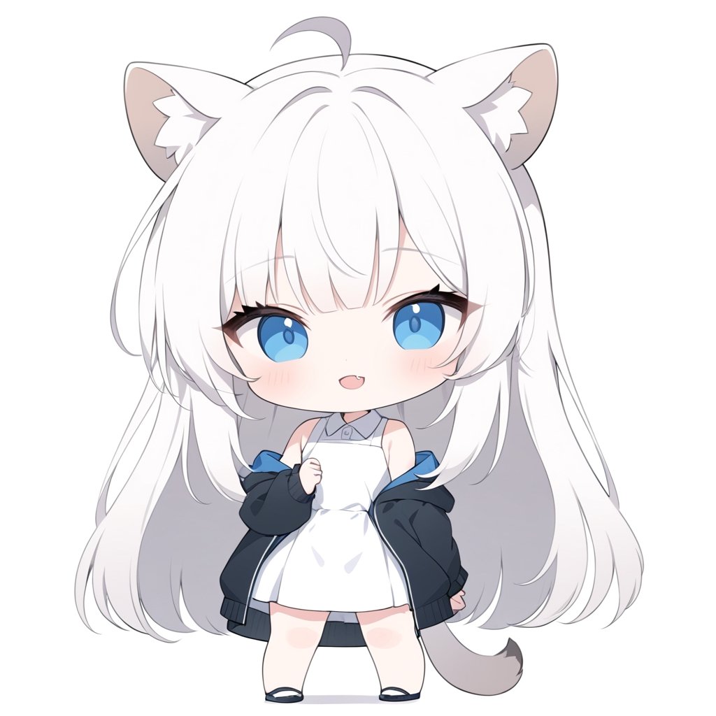 chibi, masterpiece, made by a master, 4k, perfect anatomy, perfect details, best quality, high quality, lots of detail.
(solo),1girl, ((white hair)), very long hair, blue eyes, (straight hair), (bangs), animal ears, (stoat ears:1.2), Choker, ahoge, fang, (big stoat Tail:1.2), (White sleeveless collared dress, blue chest bow), (black hooded oversized jacket:1.2), (Off the shoulders), (taking a rabbit:1.2), single, looking at viewer, (full body) ,Emote Chibi. cute comic,simple background, flat color, Cute girl,Chibi Style,chibi emote style,portraitart