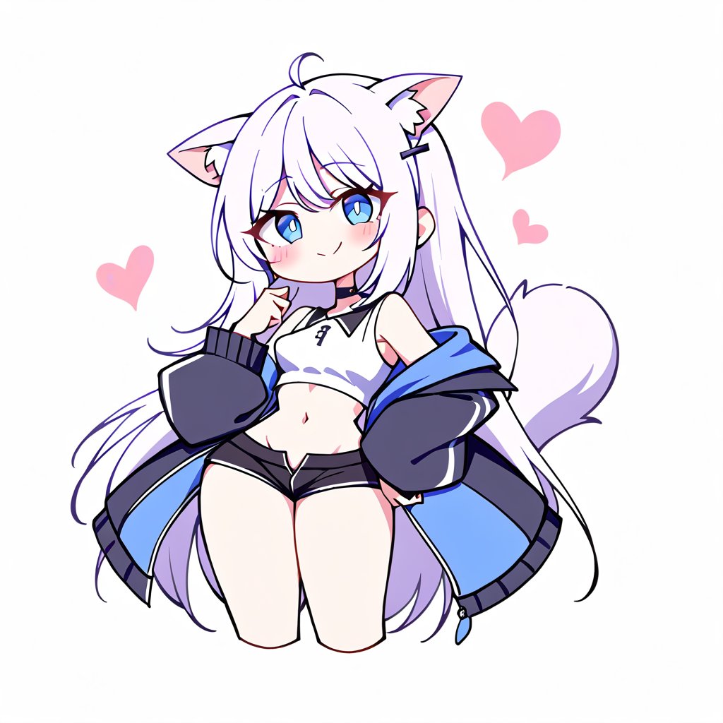 Heart background,1girl, stoat girl, solo,  ((white hair)), very long hair, blue eyes, (straight hair), (bangs), animal ears, (stoat ears:1.2),
 Choker, ahoge, fangs, (big stoat Tail:1.2), (blue X hairpin), (White collared sleeveless top, (midriff), blue chest bow), 
(black hooded oversized jacket:1.2), (jacket zipper half unzipped), (black short pants) (Off the shoulders), happy, smile,smug face, heart,l ong hair,seductive smile, blush,full body,girl focus, navel,food, midriff, 